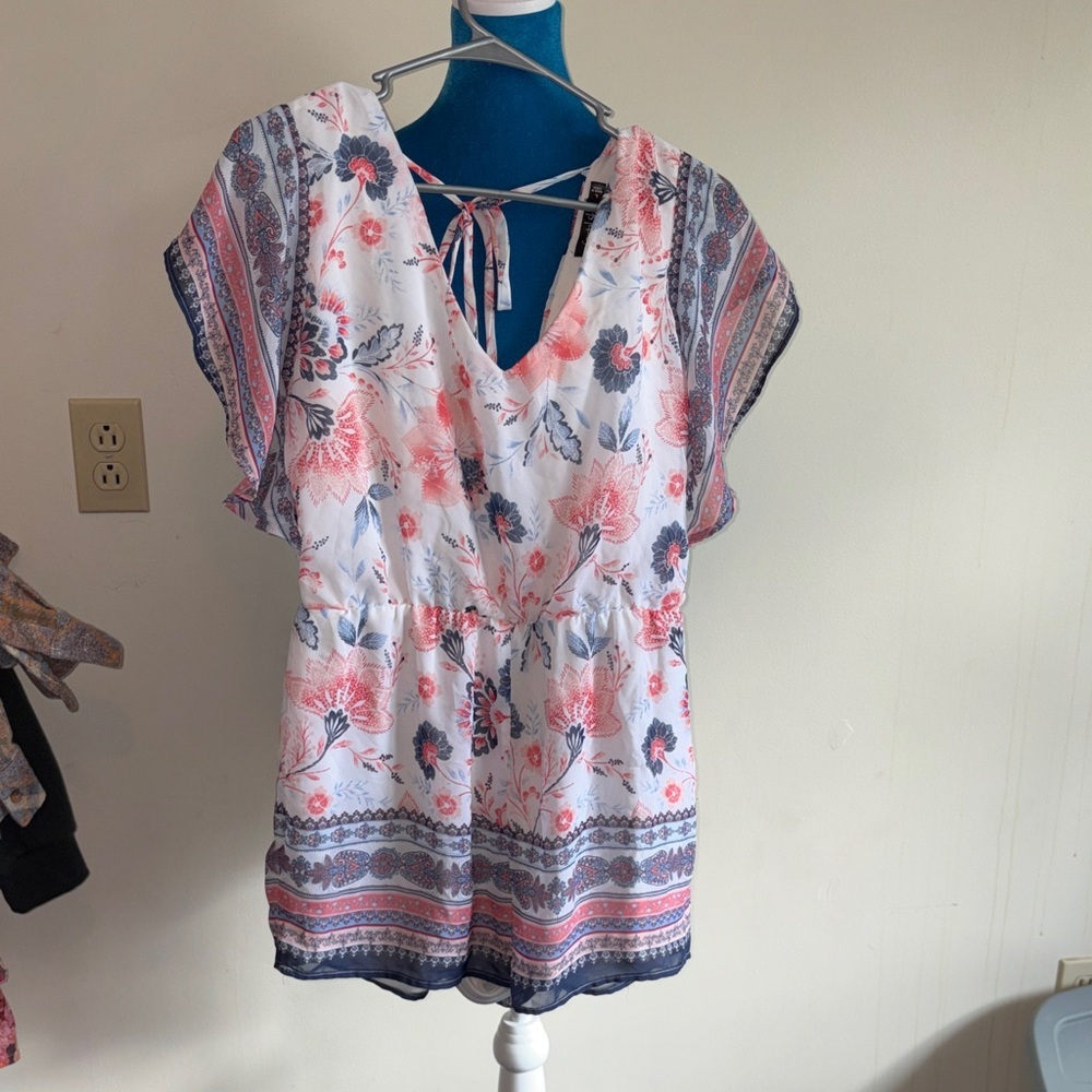 Women's Floral V-Neck Romper in White and Coral
